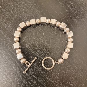 925 Silver Sterling Stamped Chain Beads Cubes Spheres Toggle Bracelet
